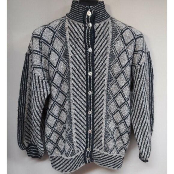 Womens Cardigan Sweater Shetland Wool Balloon Sleeve Medium Gray Mixed Print - Picture 1 of 9